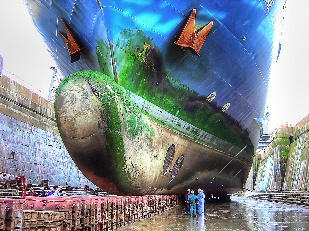 ship in drydock with mechanics discussing the green slime on the hull